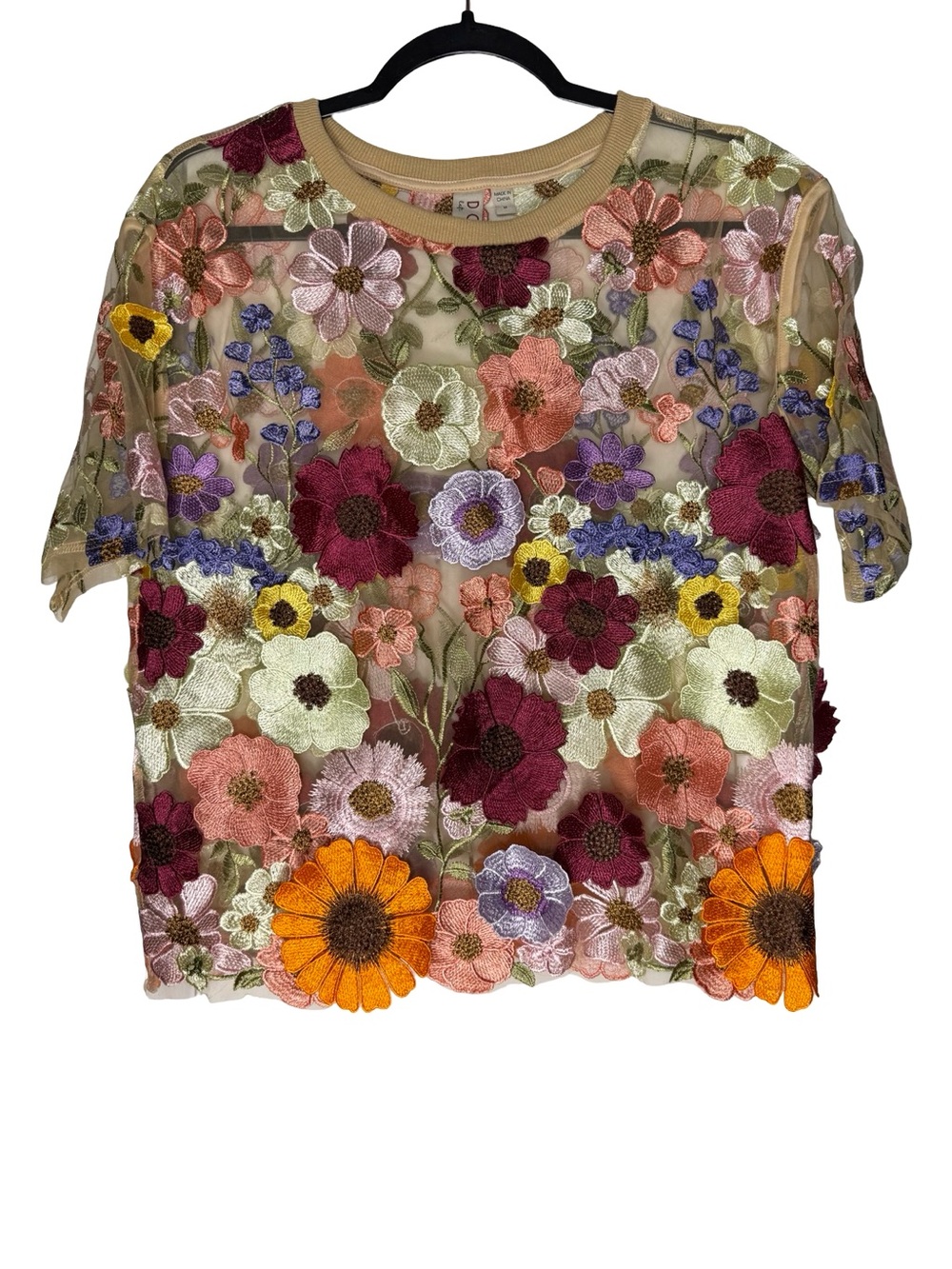 Anthropologie Dolan Left Coast Flower Applique Sheer Tee Top Medium Floral 3D